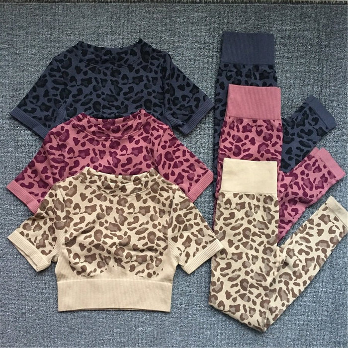LeopardFit Short Sleeve Top & Leggings Gym Set - Flamin' Fitness
