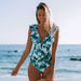 Teal Leaf Ruffle Shoulder One-Piece Swimsuit - Flamin' Fitness