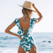 Teal Leaf Ruffle Shoulder One-Piece Swimsuit - Flamin' Fitness