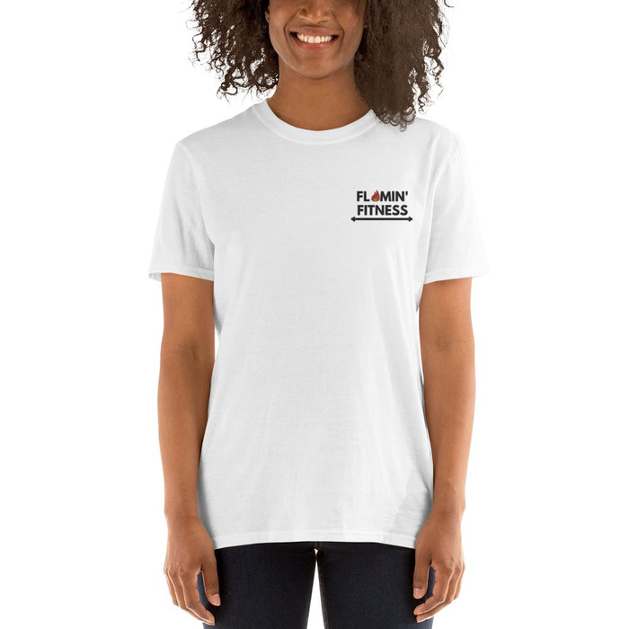 White Embroidered Logo T-Shirt - Flamin' Fitness